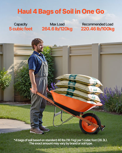 Skottkärra, 1,3 kubikfot last och 147 kg kapacitet, trädgårdsvagn med ett hjul, trädgårdsvagn med metallhandtag och 40 cm breda spårvidd, enkel lastning av gårdsvagnar och vagnar för gräsmatta