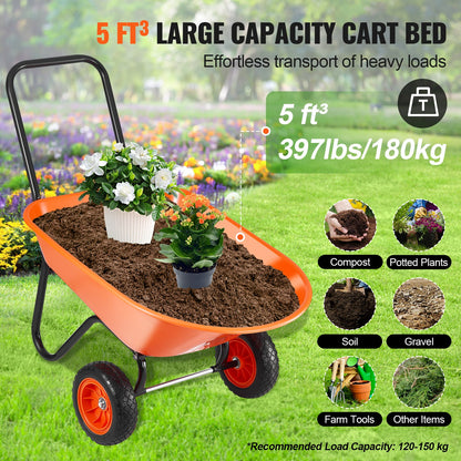 Wheelbarrow Cart, 5 Cu. Ft. Load & 397 lbs Capacity, 2 Wheels Garden Dump Cart, Garden Wagon with Handle & 10" Wide Track Wheels, Easy Loading Utility Yard Cart & Wagons for Outdoor Lawn Yard