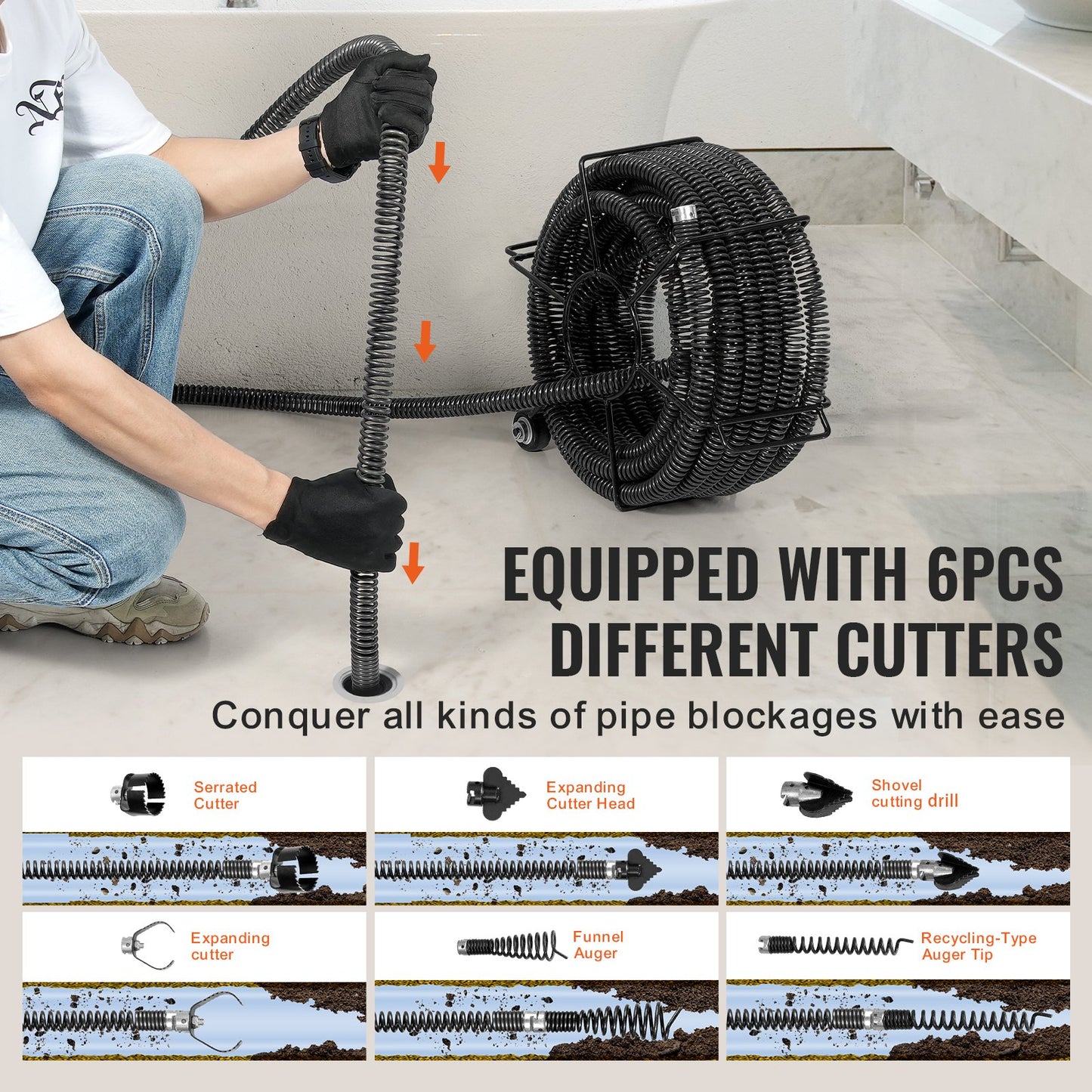 Drain Cleaning Cable 60 FT x 1-1/5 Inch, Professional Sectional Drain Cleaner Cable with 6 Cutters for 2.0" to 7.9" Pipes, Hollow Core Sewer Drain Auger Cable for Sink, Floor Drain, Toilet