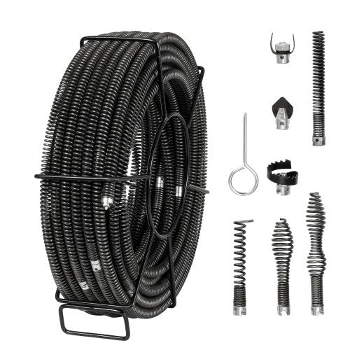 Sektionskabel för avloppsrensning 100FT/30,5 mx 5/8In/1,6 cm &amp; 7 avbitartänger för rör 0,8"-3,9"/2-10 cm