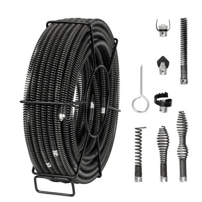 Sektionskabel för avloppsrensning 100FT/30,5 mx 5/8In/1,6 cm &amp; 7 avbitartänger för rör 0,8"-3,9"/2-10 cm