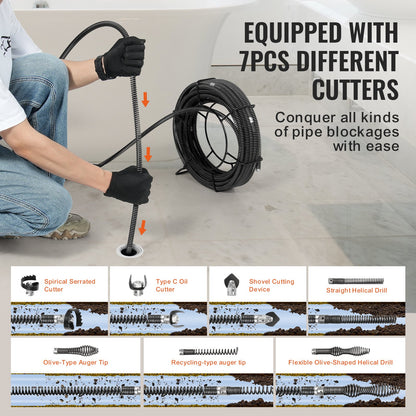 Sektionskabel för avloppsrensning 100FT/30,5 mx 5/8In/1,6 cm &amp; 7 avbitartänger för rör 0,8"-3,9"/2-10 cm