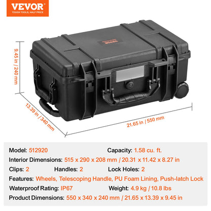 Weatherproof Hard Case, Heavy Duty Protective Dry Box Case with Pre-cut Foam, Wheels & Retractable Pull Handles for Travel, Hunt, Military, Tactical, IP67 Waterproof Case for Cameras (64x51x25)