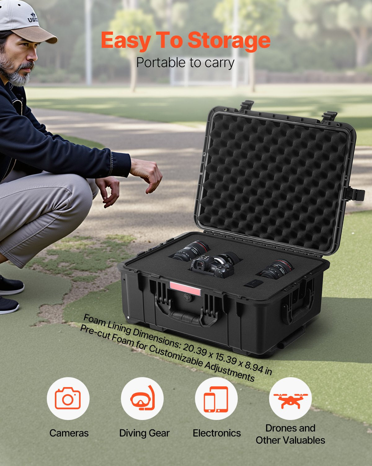 2.5 Cu.ft Weatherproof Hard Case, Waterproof Hard Case with Rolling Wheels and Retractable Pull Handle, IP67 Waterproof Protective Case with 4 Clips, 4 Padlock Holes, and Foam Inserted, Black