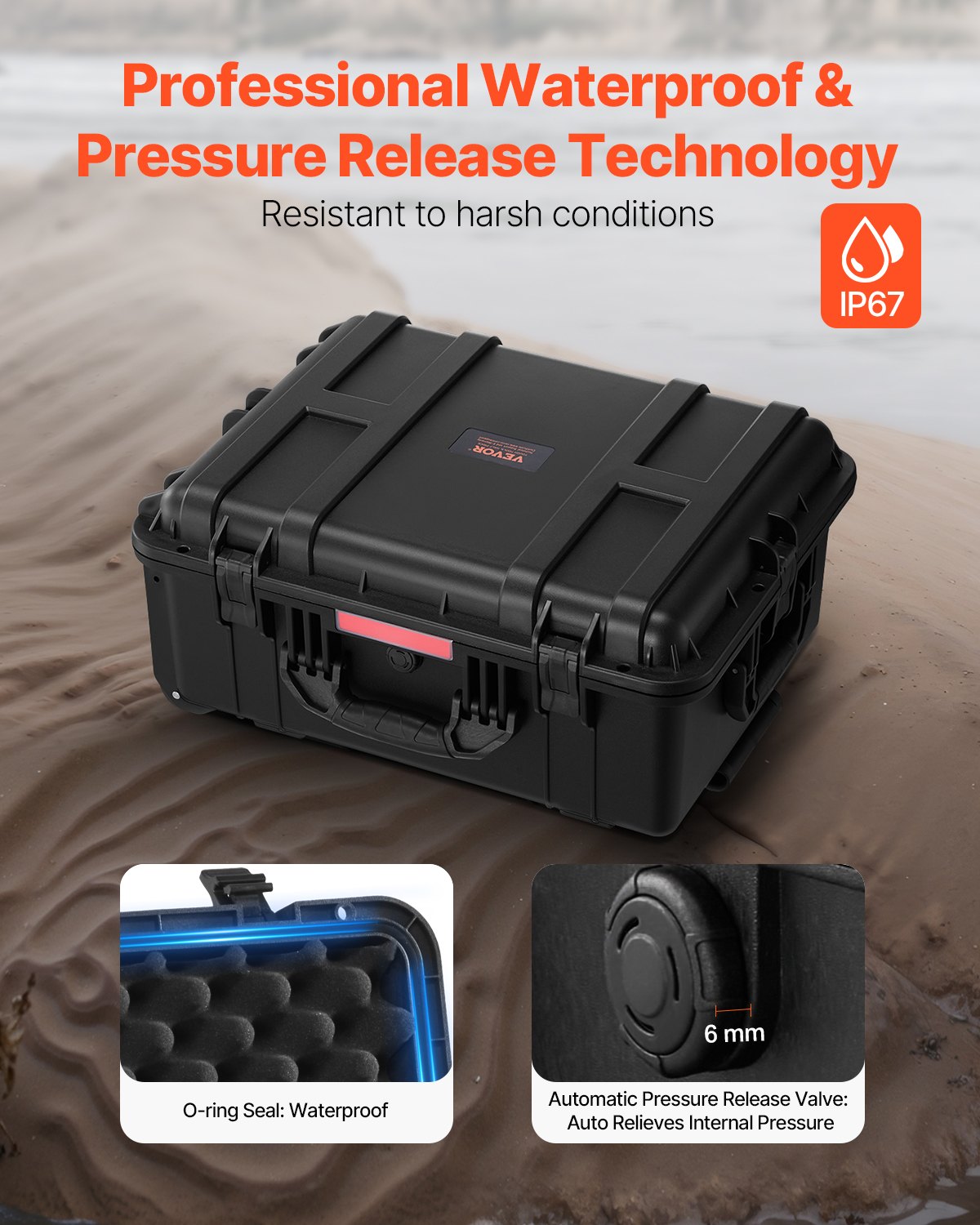 2.5 Cu.ft Weatherproof Hard Case, Waterproof Hard Case with Rolling Wheels and Retractable Pull Handle, IP67 Waterproof Protective Case with 4 Clips, 4 Padlock Holes, and Foam Inserted, Black