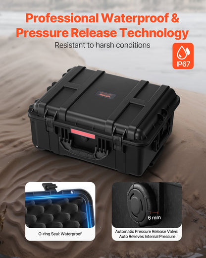 2.5 Cu.ft Weatherproof Hard Case, Waterproof Hard Case with Rolling Wheels and Retractable Pull Handle, IP67 Waterproof Protective Case with 4 Clips, 4 Padlock Holes, and Foam Inserted, Black