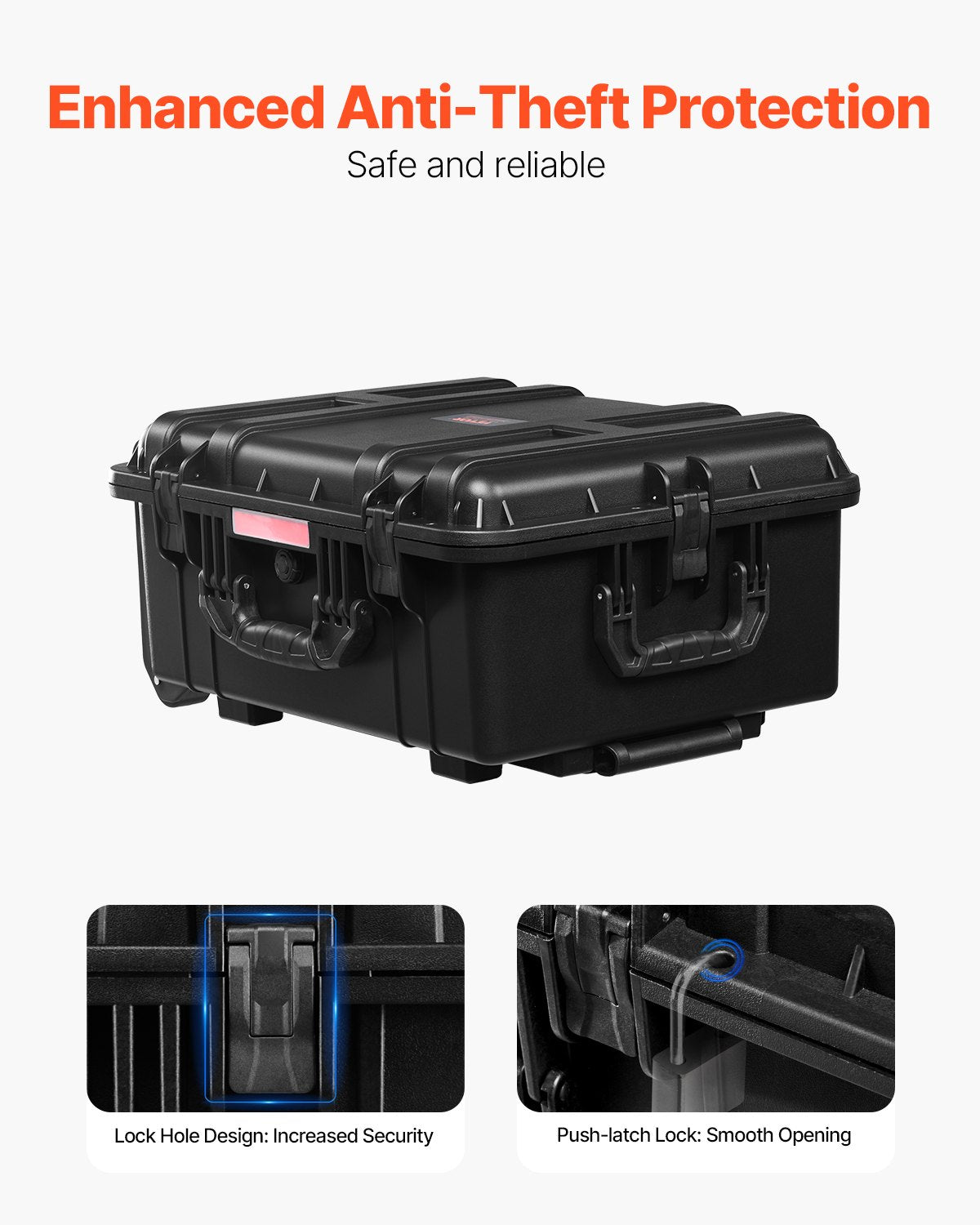 2.5 Cu.ft Weatherproof Hard Case, Waterproof Hard Case with Rolling Wheels and Retractable Pull Handle, IP67 Waterproof Protective Case with 4 Clips, 4 Padlock Holes, and Foam Inserted, Black
