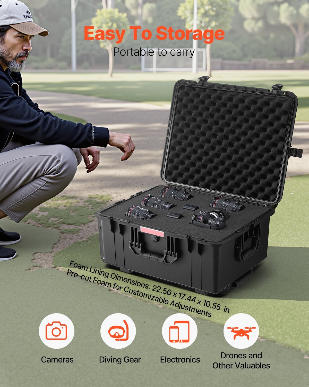 3.5 Cu.ft Weatherproof Hard Case, Waterproof Hard Case with Rolling Wheels & Retractable Pull Handle, IP67 Waterproof Protective Case with Clips, Padlock Holes, and Foam Inserted, Black (Large)