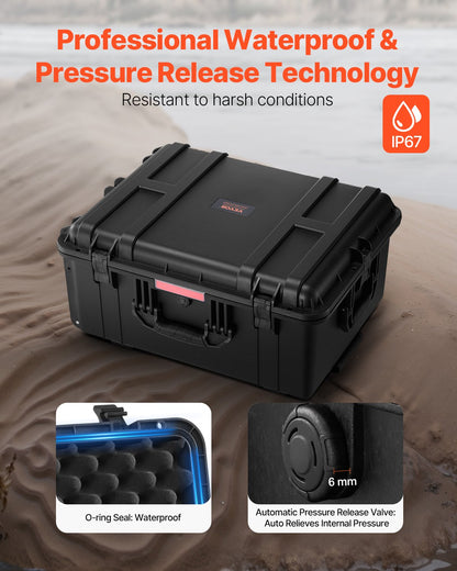 3.5 Cu.ft Weatherproof Hard Case, Waterproof Hard Case with Rolling Wheels & Retractable Pull Handle, IP67 Waterproof Protective Case with Clips, Padlock Holes, and Foam Inserted, Black (Large)