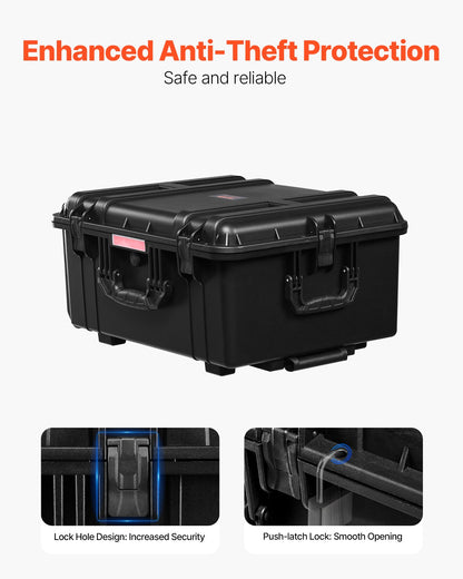 3.5 Cu.ft Weatherproof Hard Case, Waterproof Hard Case with Rolling Wheels & Retractable Pull Handle, IP67 Waterproof Protective Case with Clips, Padlock Holes, and Foam Inserted, Black (Large)