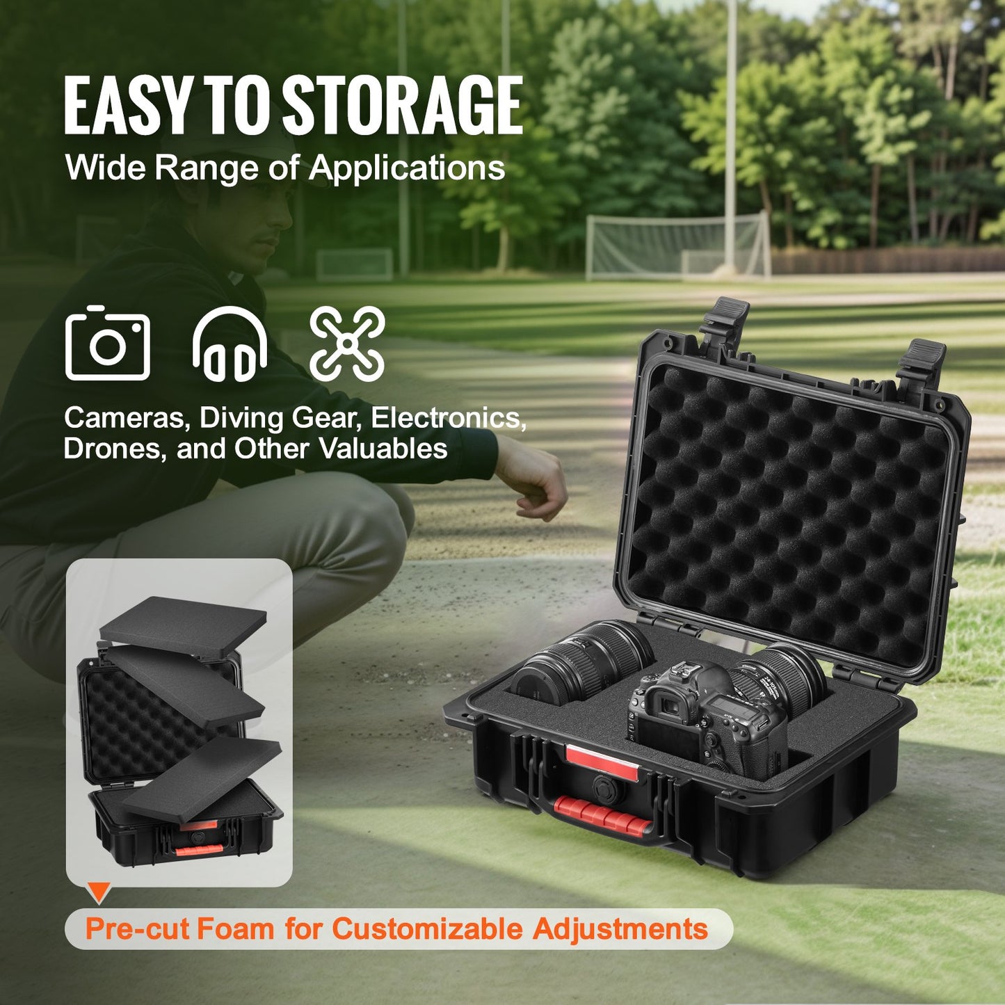 Weatherproof Hard Case, Heavy Duty Protective Dry Box Case with Pre-cut Foam, and Retractable Pull Handles for Travel, Hunting, Military, Tactical, IP67 Waterproof Case for Cameras (40x32x16.6)