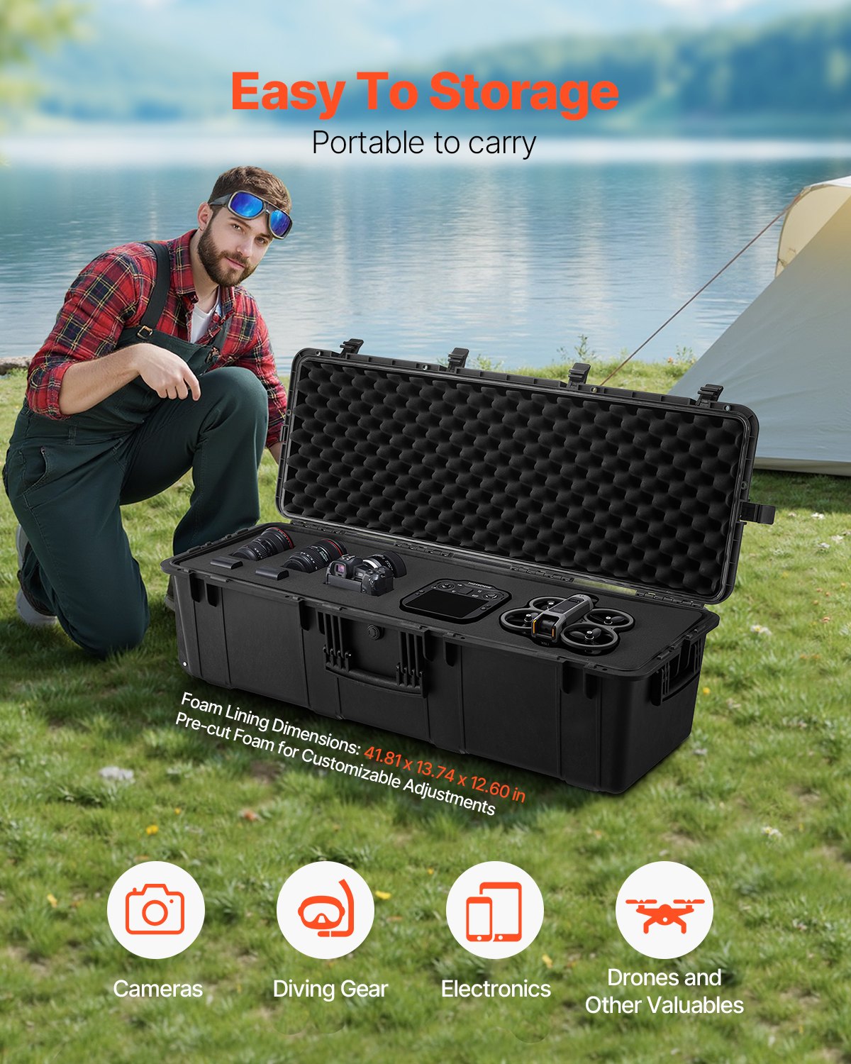 5.5 Cu.ft Weatherproof Hard Case, Large Capacity Waterproof Hard Case with 3 Handles, IP67 Waterproof Protective Case with 6 Clips, 6 Padlock Holes, and Foam Inserted for Large Equipment, Black