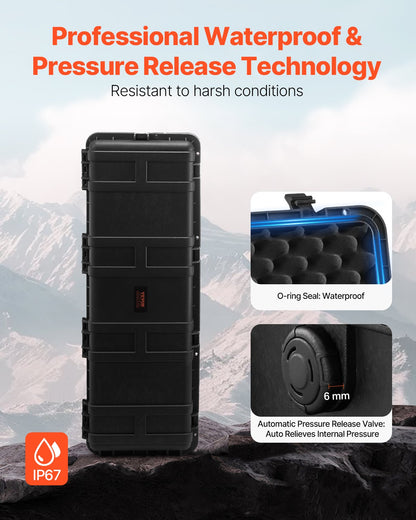 5.5 Cu.ft Weatherproof Hard Case, Large Capacity Waterproof Hard Case with 3 Handles, IP67 Waterproof Protective Case with 6 Clips, 6 Padlock Holes, and Foam Inserted for Large Equipment, Black