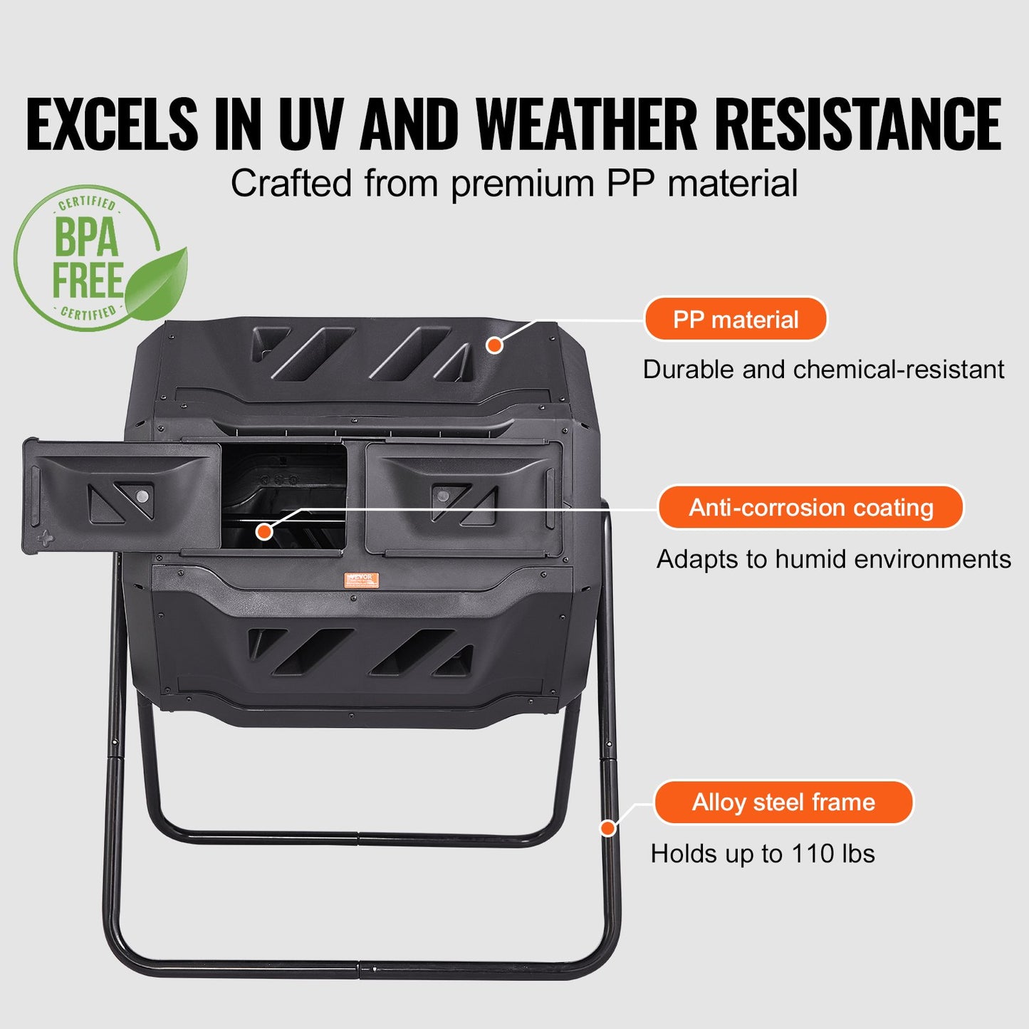 Kompostbehållare, 162,8 l kompostbehållare med dubbla kammare, stor roterande kompostbehållare med 2 skjutdörrar och stålram, BPA-fri kompostbehållare för trädgård, kök, uteplats, utomhusbruk