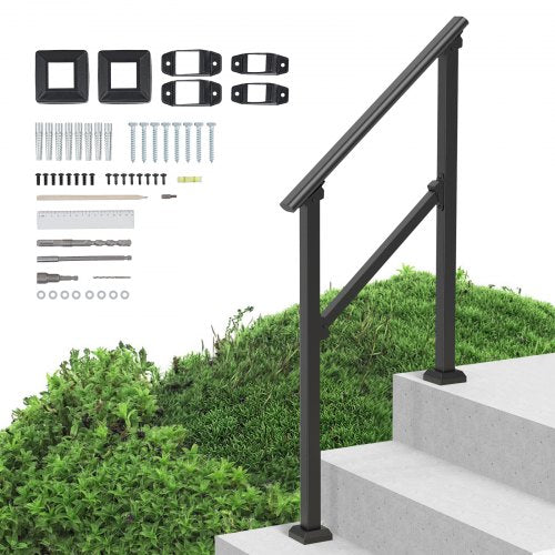 Handrails for Outdoor Steps, 2-3 Step Stair Hand Rail Kit, Transitional Carbon Steel Railings with Installation Kit, Stair Rails for Seniors, Concrete Steps & Porch & Deck, Black Square Tube