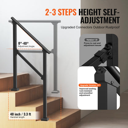 Handrails for Outdoor Steps, 2-3 Step Stair Hand Rail Kit, Transitional Carbon Steel Railings with Installation Kit, Stair Rails for Seniors, Concrete Steps & Porch & Deck, Black Square Tube