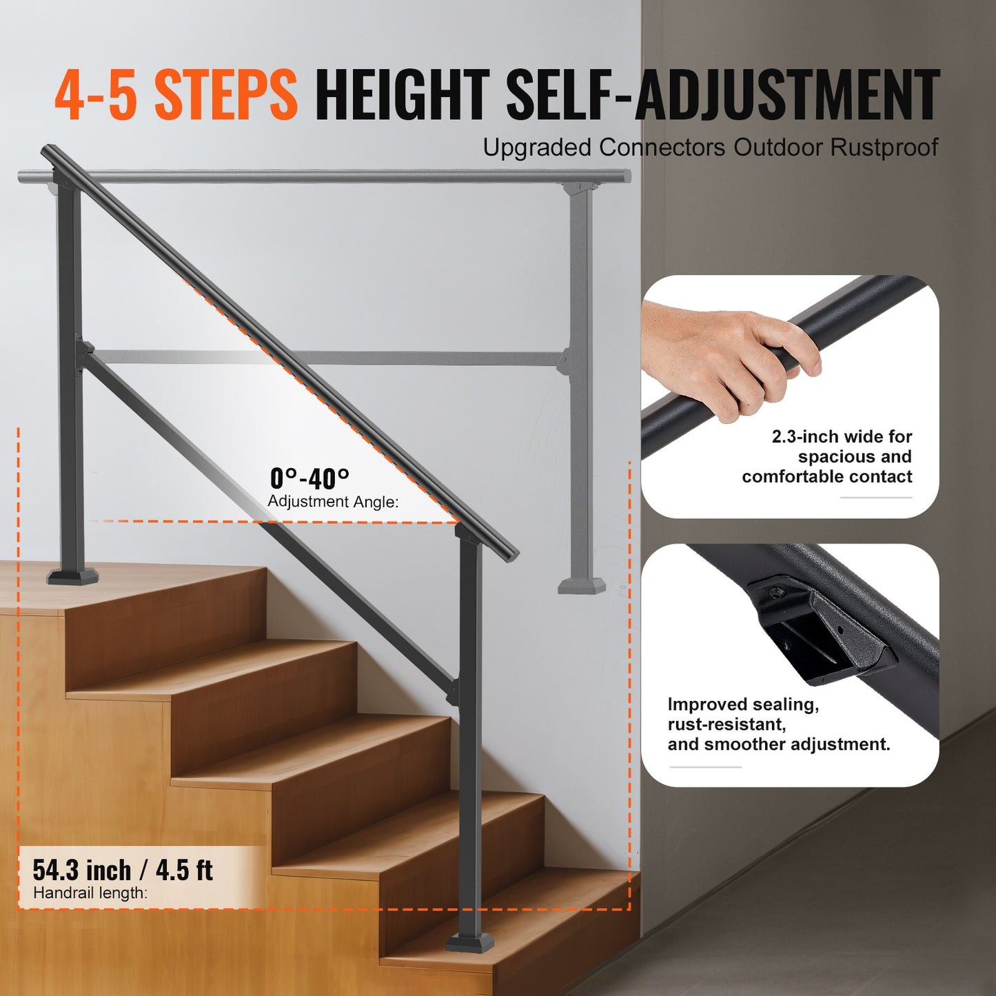 Handrails for Outdoor Steps, 4-5 Step Stair Hand Rail Kit, Transitional Carbon Steel Railings with Installation Kit, Stair Rails for Seniors, Concrete Steps & Porch & Deck, Black Square Tube