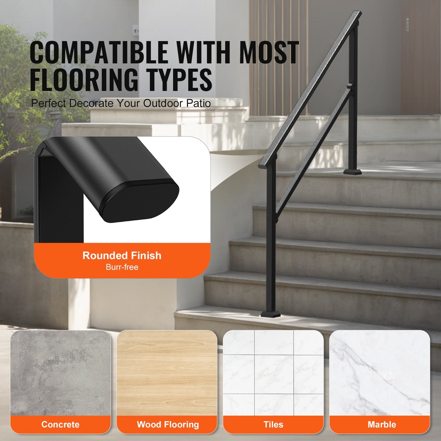 Handrails for Outdoor Steps, 4-5 Step Stair Hand Rail Kit, Transitional Carbon Steel Railings with Installation Kit, Stair Rails for Seniors, Concrete Steps & Porch & Deck, Black Square Tube