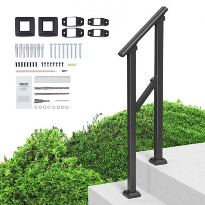 Ledstänger för utomhustrappor, Ledstänger för 1–2 steg, Övergångsräcken i kolstål med installationssats, Trappräcken för seniorer, Betongtrappor, veranda och altan, Svart fyrkantigt rör