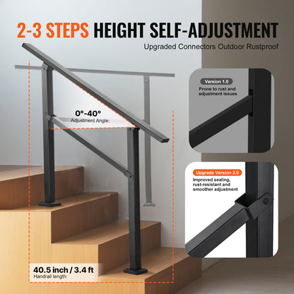Outdoor Handrails for Steps, 2-3 Step Stair Rail Kit, Black Square Tube with Horizontal Bar, Carbon Steel Support Rails for Seniors, Concrete & Deck Stairs, Easy Installation