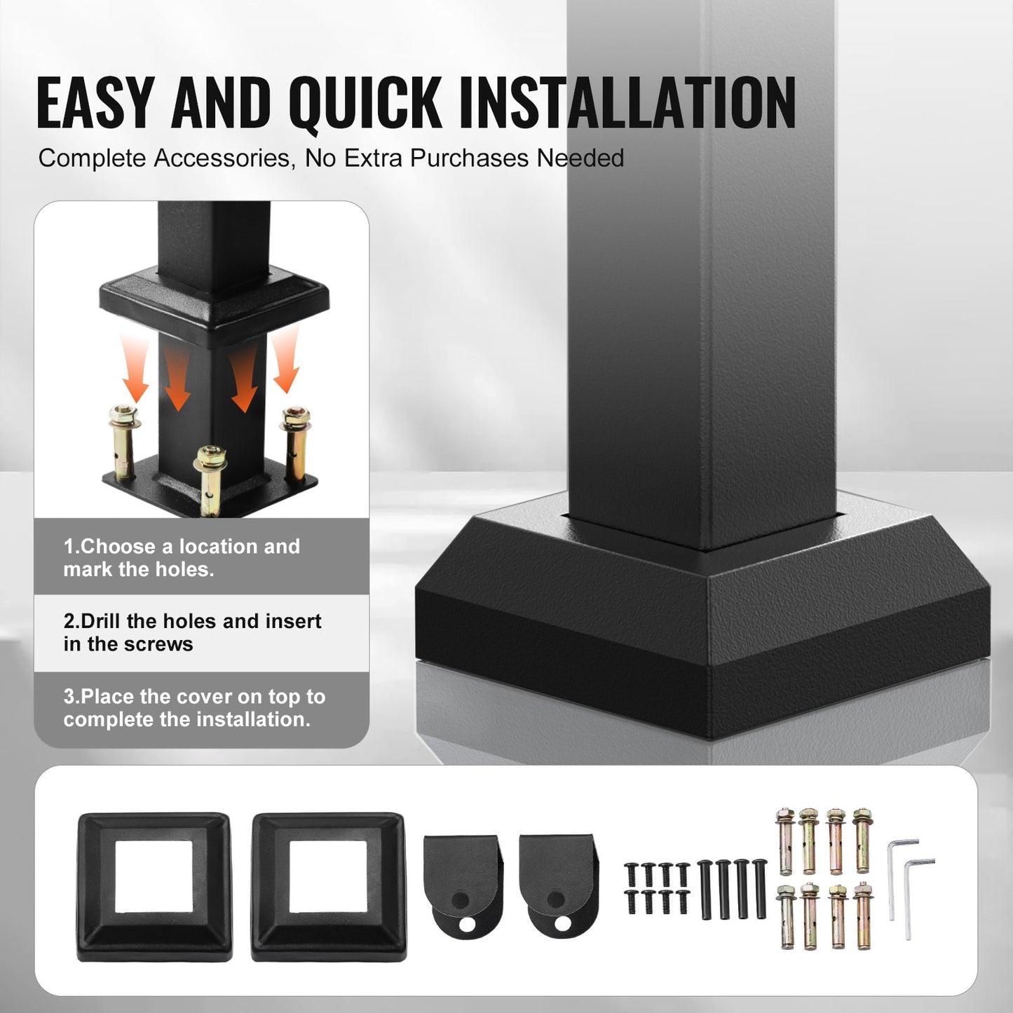 Outdoor Handrails for Steps, 4-5 Step Stair Rail Kit, Black Square Tube with Horizontal Bar, Carbon Steel Support Rails for Seniors, Concrete & Deck Stairs, Easy Installation