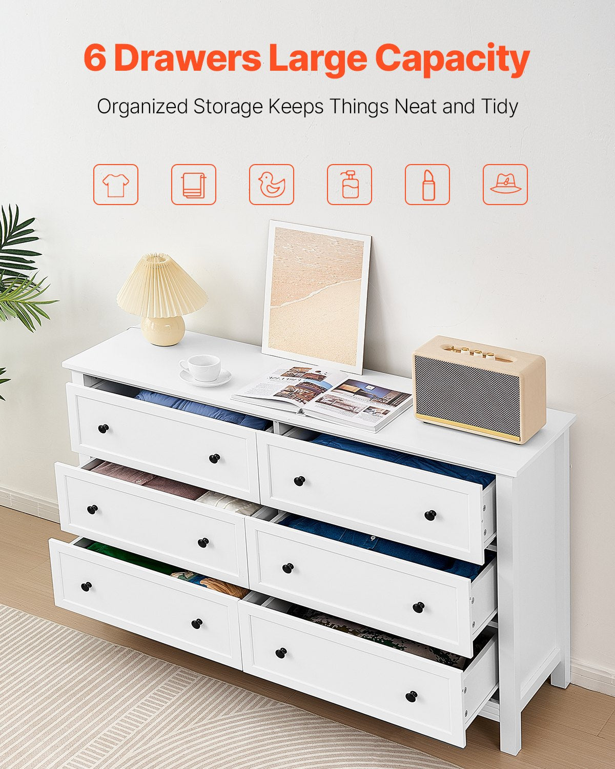6 Drawer Dresser, Wooden Chest of Drawers with Sliding and Anti-tip Device, Retro Minimalist Dresser Chest, Closet Storage TV Stand Organizer for Living Room, Hallway, Bedroom, Entryway, White