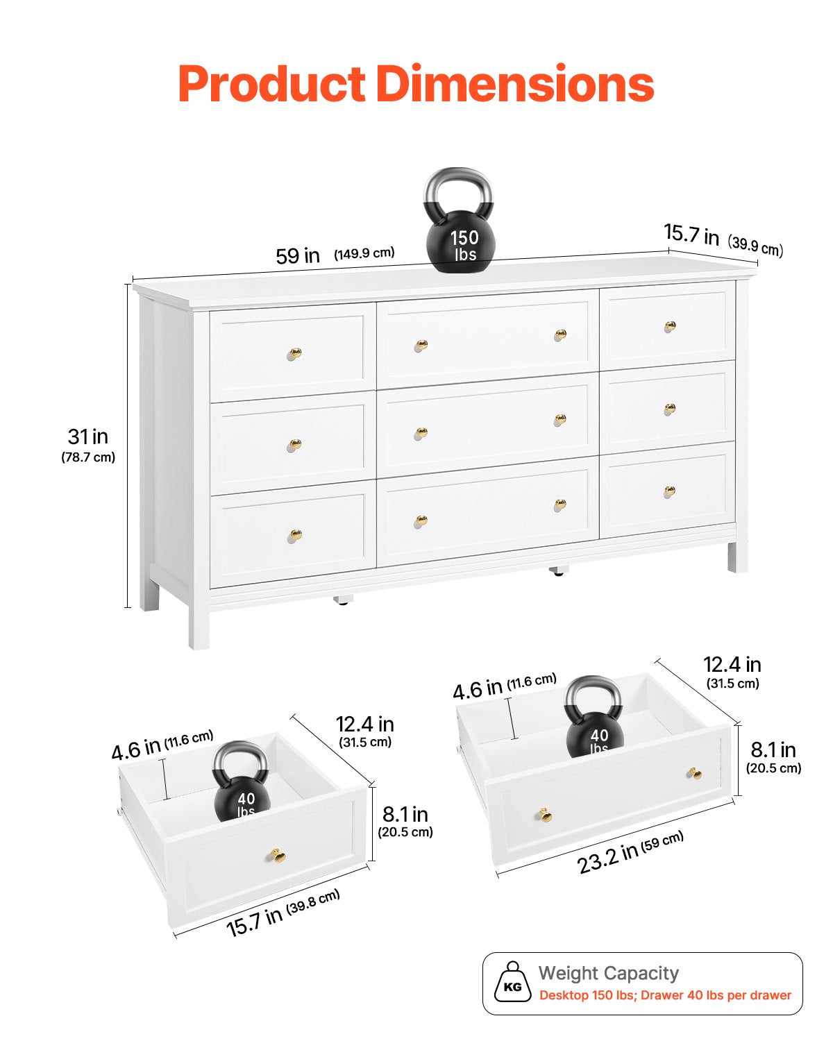 9 Drawer Dresser, Wooden Chest of Drawers with Sliding and Anti-tip Device, Retro Minimalist Dresser Chest, Closet Storage TV Stand Organizer for Living Room, Hallway, Bedroom, Entryway, White
