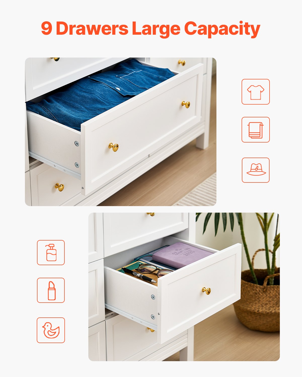 9 Drawer Dresser, Wooden Chest of Drawers with Sliding and Anti-tip Device, Retro Minimalist Dresser Chest, Closet Storage TV Stand Organizer for Living Room, Hallway, Bedroom, Entryway, White