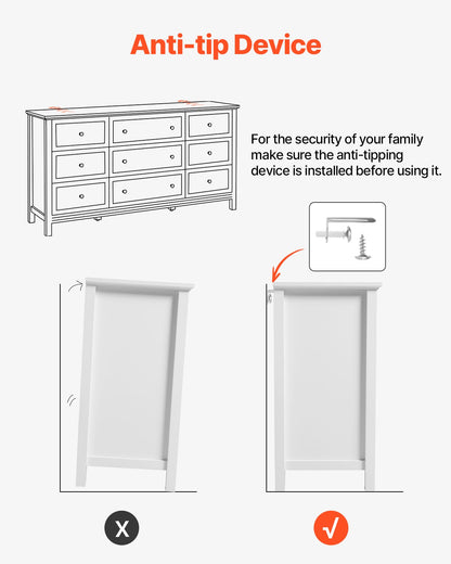 9 Drawer Dresser, Wooden Chest of Drawers with Sliding and Anti-tip Device, Retro Minimalist Dresser Chest, Closet Storage TV Stand Organizer for Living Room, Hallway, Bedroom, Entryway, White