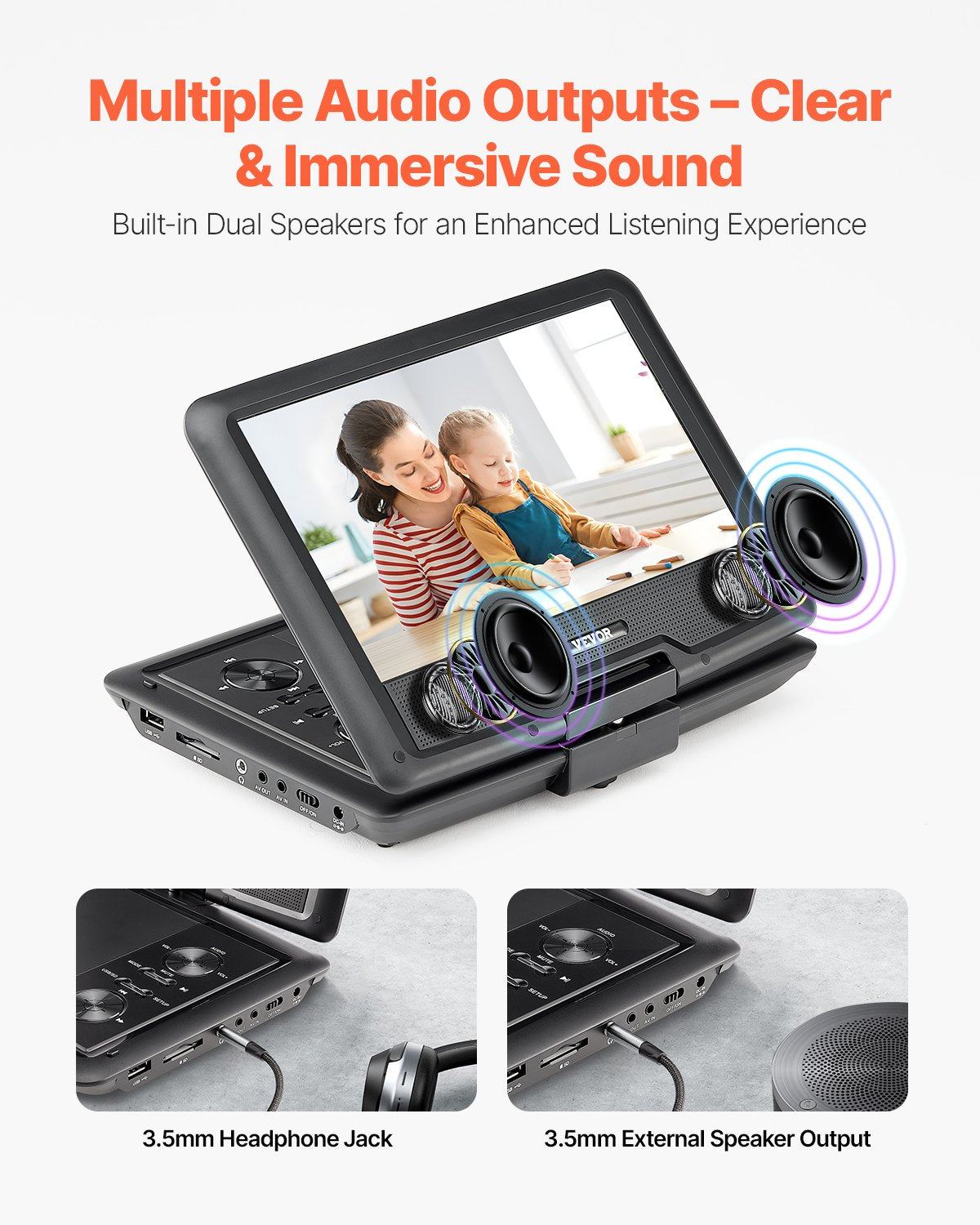 Bärbar DVD-spelare, 10,1-tums vridbar HD-skärm, 4 timmars inbyggt laddningsbart batteri, dubbla högtalare, stöd för synkronisering av TV/USB/SD-kort/CD/DVD, billaddare, nätadapter, fjärrkontroll