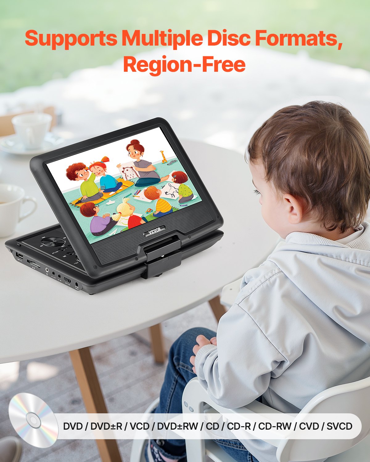 Bärbar DVD-spelare, 10,1-tums vridbar HD-skärm, 4 timmars inbyggt laddningsbart batteri, dubbla högtalare, stöd för synkronisering av TV/USB/SD-kort/CD/DVD, billaddare, nätadapter, fjärrkontroll