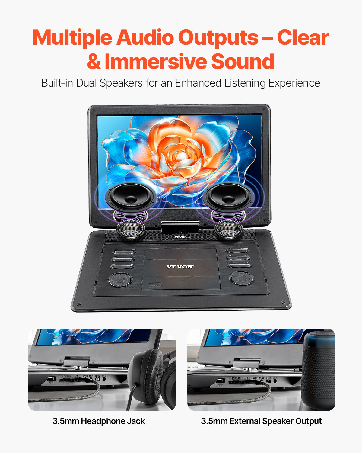 Portable DVD Player, 15.6 inch HD Swivel Display Screen, 4.5-5 H Built-in Rechargeable Battery, Dual Speakers, Support Sync TV/USB/SD Card/CD/DVD, Car Charger, AC Power Adapter, Remote Control