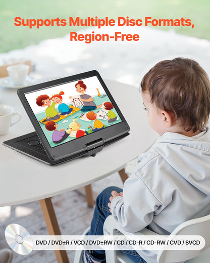 Portable DVD Player, 15.6 inch HD Swivel Display Screen, 4.5-5 H Built-in Rechargeable Battery, Dual Speakers, Support Sync TV/USB/SD Card/CD/DVD, Car Charger, AC Power Adapter, Remote Control