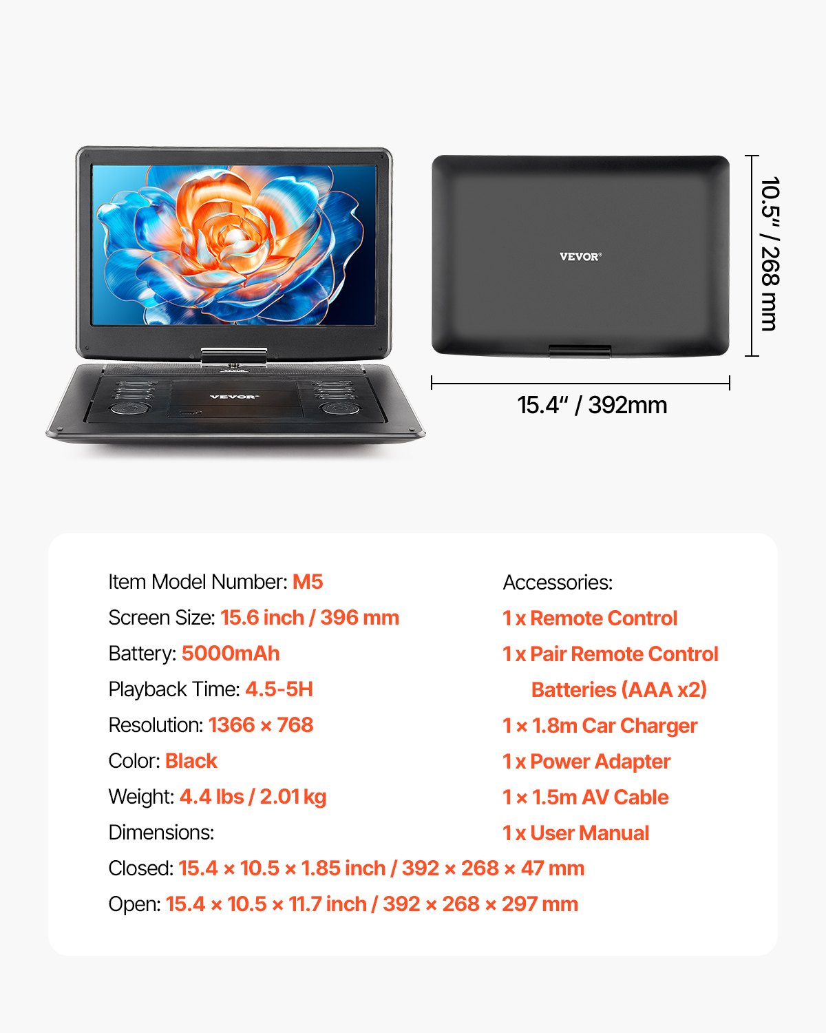 Portable DVD Player, 15.6 inch HD Swivel Display Screen, 4.5-5 H Built-in Rechargeable Battery, Dual Speakers, Support Sync TV/USB/SD Card/CD/DVD, Car Charger, AC Power Adapter, Remote Control