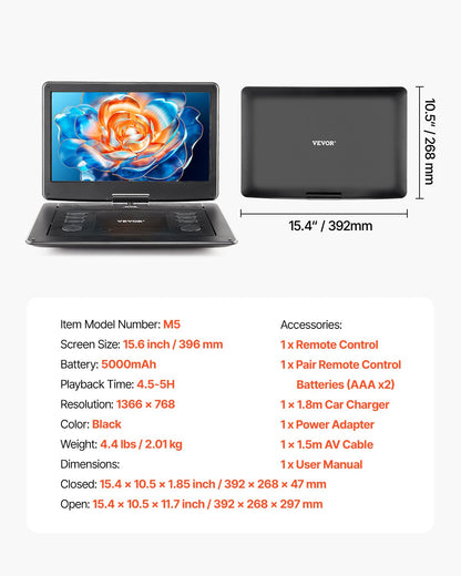 Portable DVD Player, 15.6 inch HD Swivel Display Screen, 4.5-5 H Built-in Rechargeable Battery, Dual Speakers, Support Sync TV/USB/SD Card/CD/DVD, Car Charger, AC Power Adapter, Remote Control