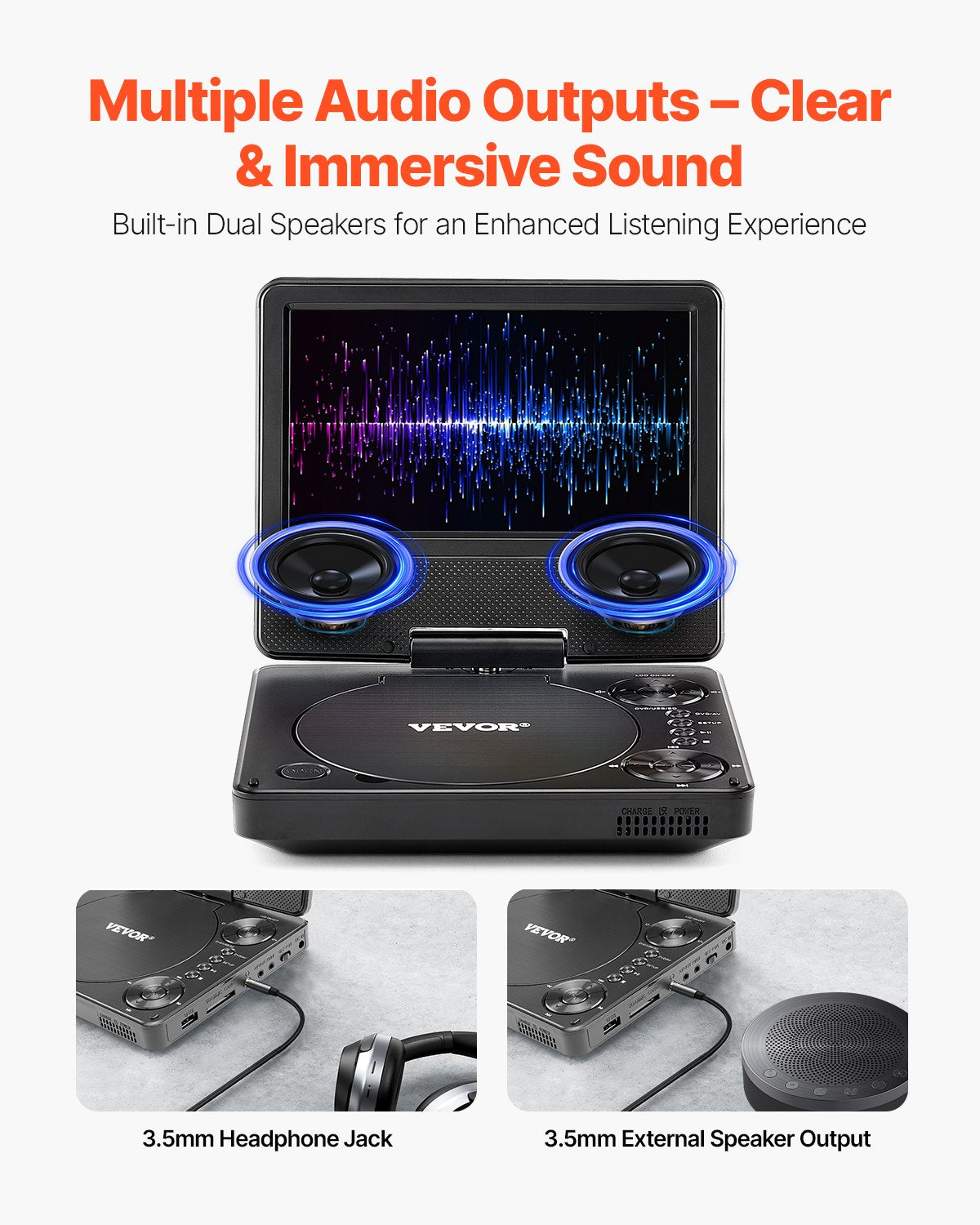 Bärbar DVD-spelare, 7-tums vridbar HD-skärm, 4 timmars inbyggt laddningsbart batteri, dubbla högtalare, stöd för synkronisering av TV/USB/SD-kort/CD/DVD, billaddare, nätadapter, fjärrkontroll