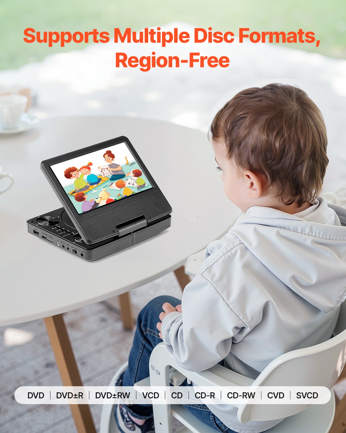 Bärbar DVD-spelare, 7-tums vridbar HD-skärm, 4 timmars inbyggt laddningsbart batteri, dubbla högtalare, stöd för synkronisering av TV/USB/SD-kort/CD/DVD, billaddare, nätadapter, fjärrkontroll