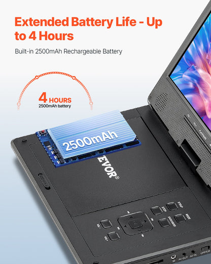 Portable DVD Player, 9 inch HD Swivel Display Screen, 4 Hours Built-in Rechargeable Battery, Dual Speakers, Support Sync TV/USB/SD Card/CD/DVD, Car Charger, AC Power Adapter, Remote Control