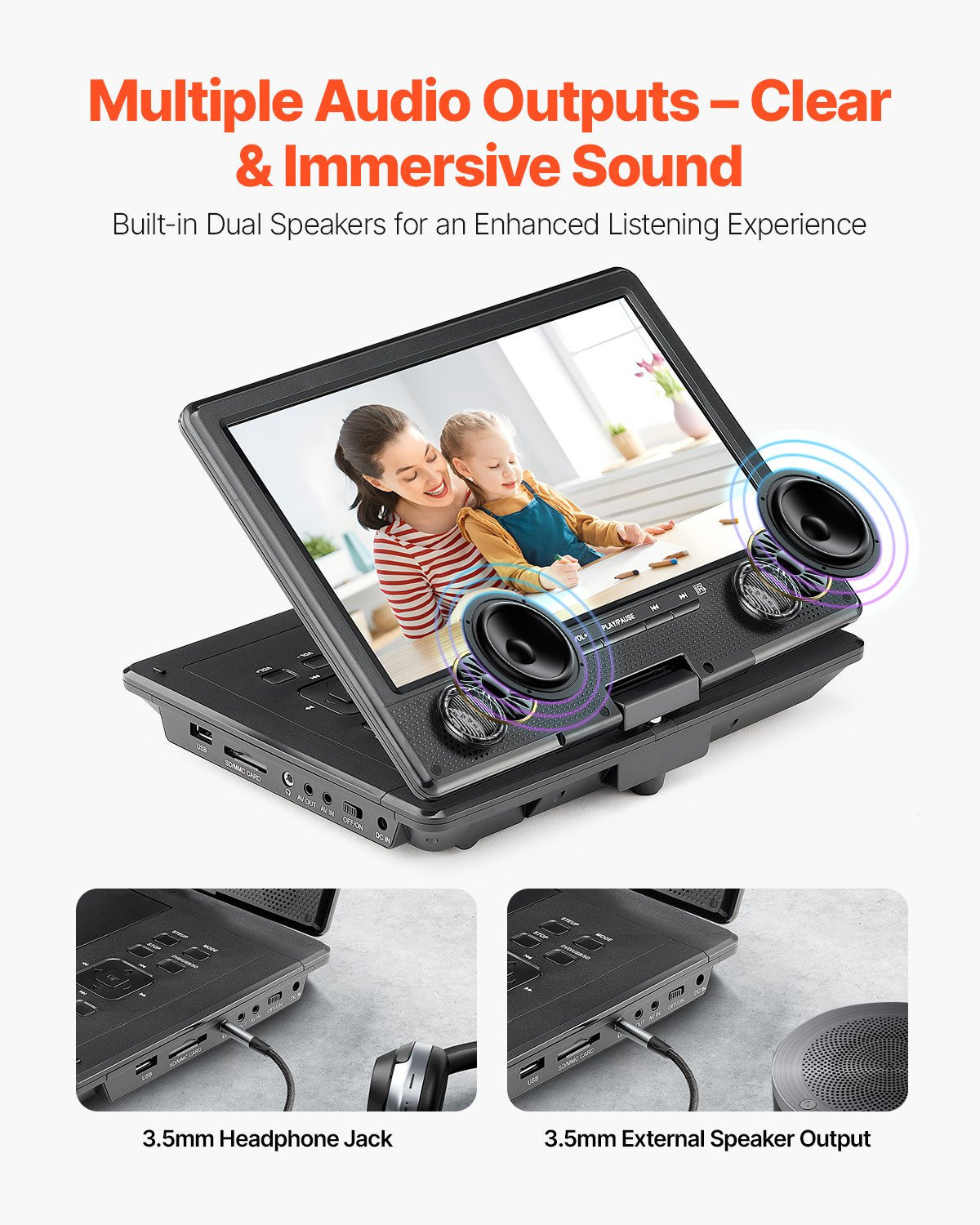 Portable DVD Player, 9 inch HD Swivel Display Screen, 4 Hours Built-in Rechargeable Battery, Dual Speakers, Support Sync TV/USB/SD Card/CD/DVD, Car Charger, AC Power Adapter, Remote Control