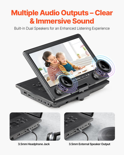Portable DVD Player, 9 inch HD Swivel Display Screen, 4 Hours Built-in Rechargeable Battery, Dual Speakers, Support Sync TV/USB/SD Card/CD/DVD, Car Charger, AC Power Adapter, Remote Control