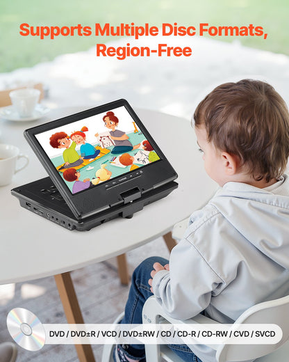 Portable DVD Player, 9 inch HD Swivel Display Screen, 4 Hours Built-in Rechargeable Battery, Dual Speakers, Support Sync TV/USB/SD Card/CD/DVD, Car Charger, AC Power Adapter, Remote Control