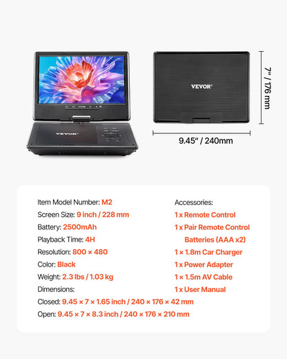 Portable DVD Player, 9 inch HD Swivel Display Screen, 4 Hours Built-in Rechargeable Battery, Dual Speakers, Support Sync TV/USB/SD Card/CD/DVD, Car Charger, AC Power Adapter, Remote Control