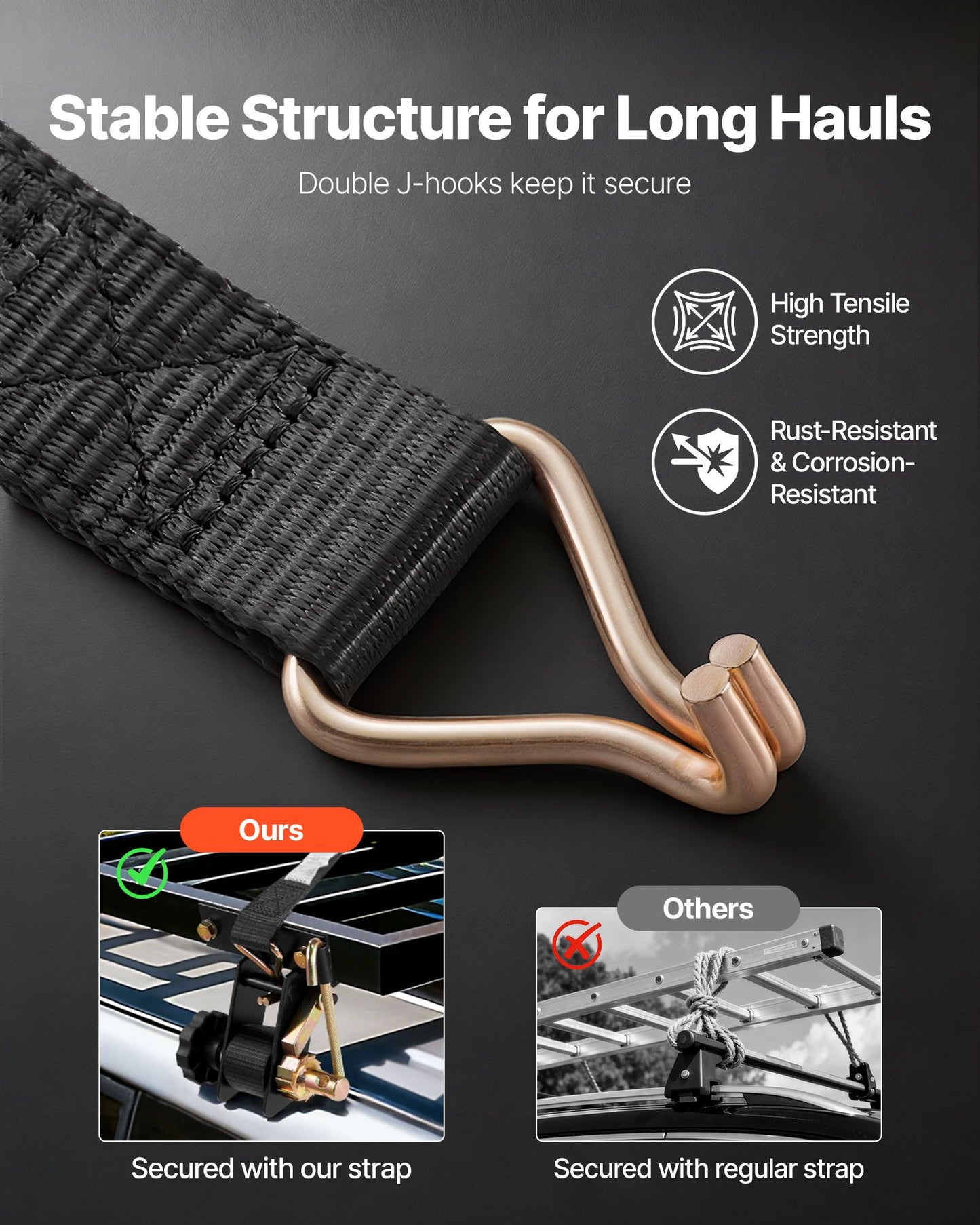 Ladder Rack Ratchet Straps, Black Square Tube Mount, 38 mm Wide x 2.25 m Long Black Ladder Rack Straps with Double J-Hooks, 226.8 kg Load Heavy Duty, Cargo Buckle Lock Strap (4 Pack)