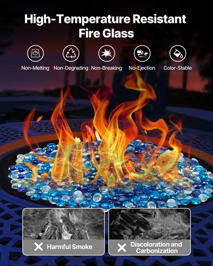 Fire Glass, 10LBS / 4.5KG Smokeless & Fireplace Rocks, 3/4-Inch / 19.05 mm Reflective Firepit Glass Beads, High Luster Stone Landscaping for Fire Pit Table, Cobalt Blue + Caribbean Blue + Clear