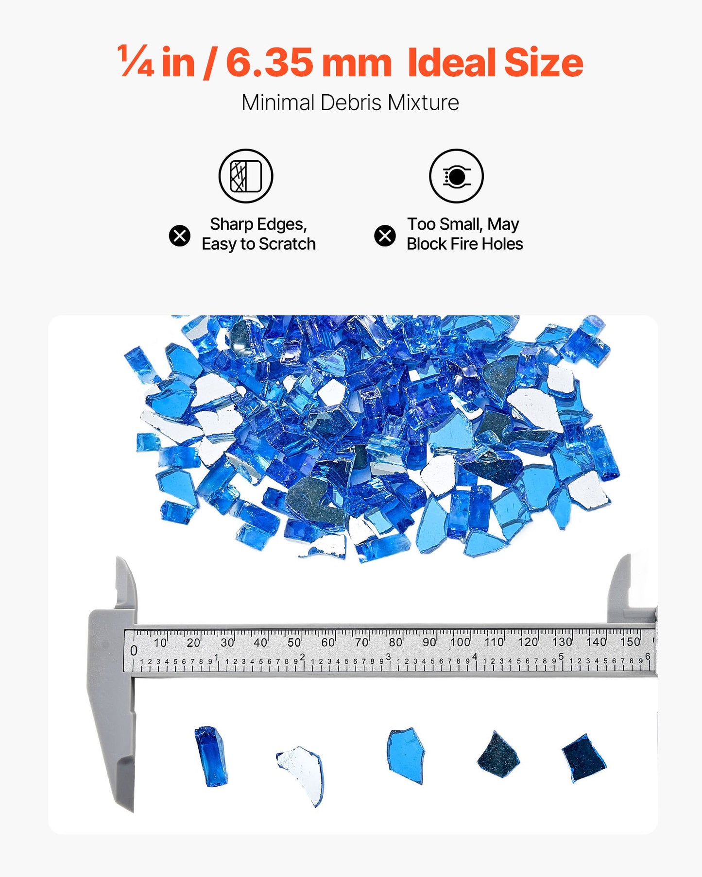 Fire Glass, 10LBS / 4.5KG High-Temperature Resistant Fireplace Rocks, 1/4-Inch / 6.35 mm Reflective & Smokeless Firepit Glass Rock, High Luster Stone Landscaping for Fire Pit Table, Cobalt Blue