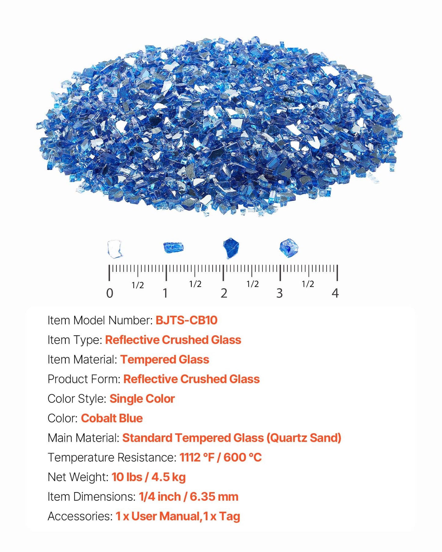 Fire Glass, 10LBS / 4.5KG High-Temperature Resistant Fireplace Rocks, 1/4-Inch / 6.35 mm Reflective & Smokeless Firepit Glass Rock, High Luster Stone Landscaping for Fire Pit Table, Cobalt Blue