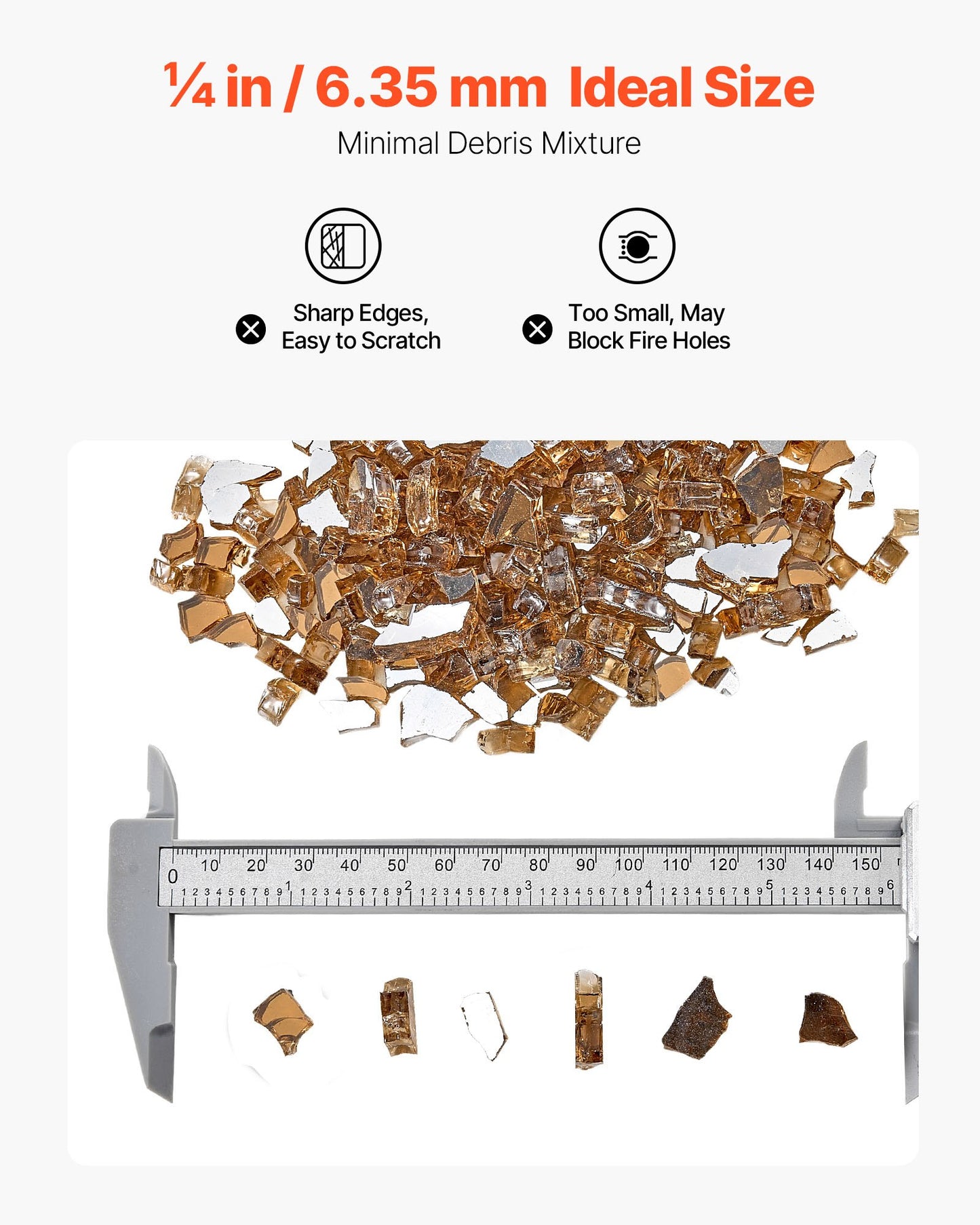 Fire Glass, 10 LBS / 4.5 KG High-Temperature Resistant Fireplace Rocks, 1/4-Inch / 6.35 mm Reflective & Smokeless Firepit Glass Rock, High Luster Stone Landscaping for Fire Pit Table, Copper