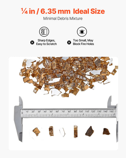 Fire Glass, 10 LBS / 4.5 KG High-Temperature Resistant Fireplace Rocks, 1/4-Inch / 6.35 mm Reflective & Smokeless Firepit Glass Rock, High Luster Stone Landscaping for Fire Pit Table, Copper