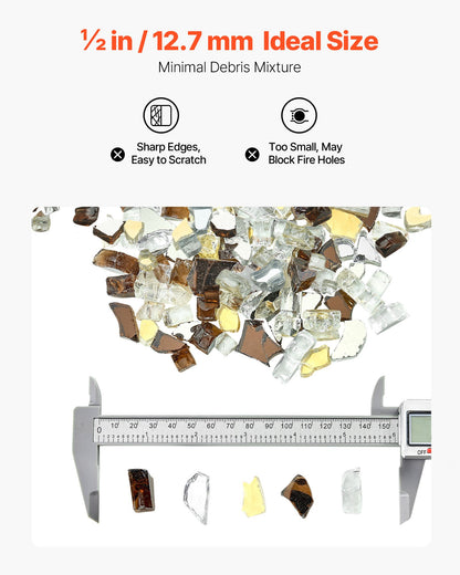 Fire Glass, 10 LBS / 4.5 KG High-Temperature Resistant Fireplace Rocks, 1/2-Inch / 12.7 mm Reflective Firepit Glass Rock, High Luster Stone Landscaping for Fire Pit Table, Copper + Clear + Gold