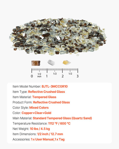 Fire Glass, 10 LBS / 4.5 KG High-Temperature Resistant Fireplace Rocks, 1/2-Inch / 12.7 mm Reflective Firepit Glass Rock, High Luster Stone Landscaping for Fire Pit Table, Copper + Clear + Gold